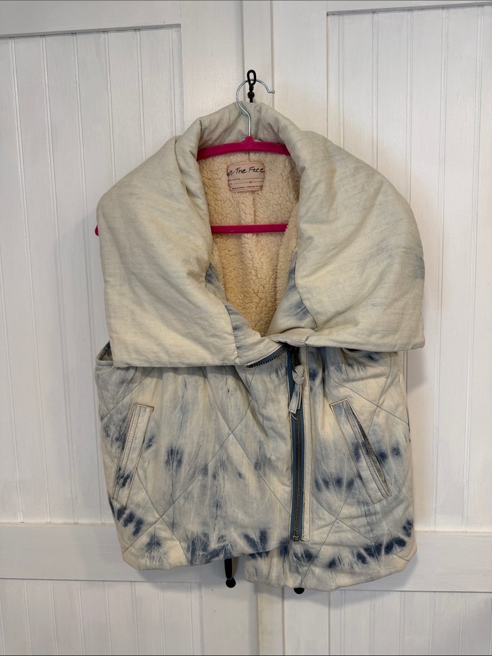We the Free Cozy Tie-Dye Sherpa-Lined  Vest - cream & blue size S
